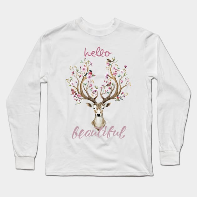 Hello Beautiful  Floral BOHO Deer Long Sleeve T-Shirt by IconicTee